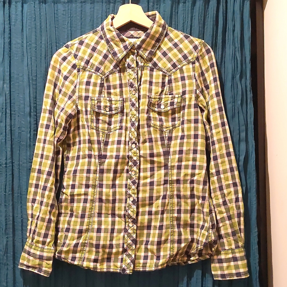 Old Navy Green and Navy Plaid Button-Down Shirt Size M